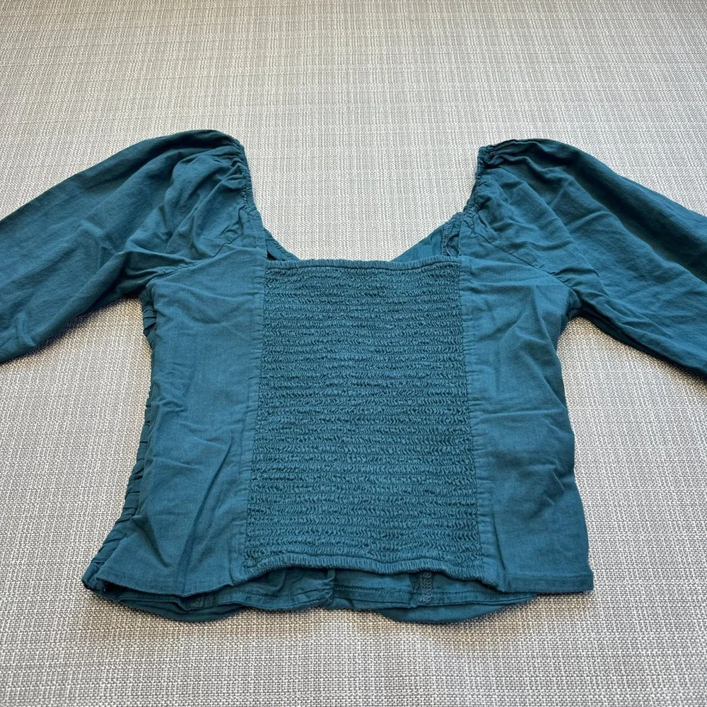Abercrombie Ruched‎ Milkmaid Puff Sleeve Top Medium Cottagecore Green Smocked